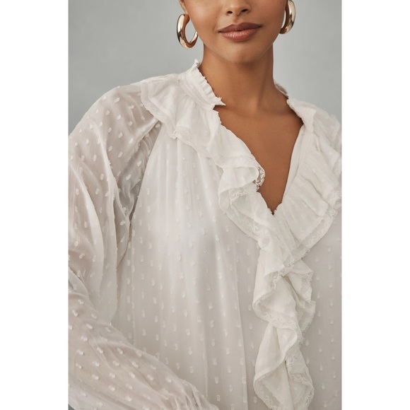 ANTHROPOLOGIE Long Sleeve V-Neck Ruffled Tunic Dress White Size XS NWT - Picture 3 of 10